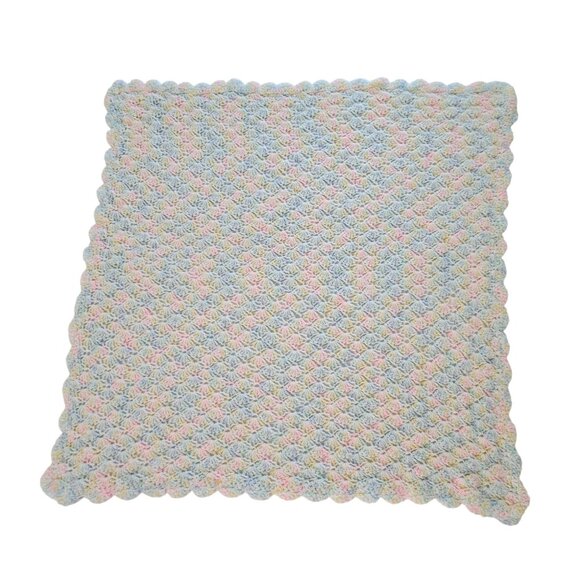 VTG Pastel Rainbow Colors Crochet/Knit Wool Square 30"x33" Baby Blanket Throw - Picture 8 of 13